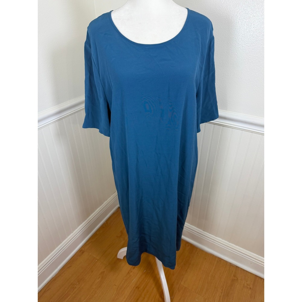 Eileen Fisher Shift Dress Women Large Teal Blue Tencel Viscose Short Sleeve Midi